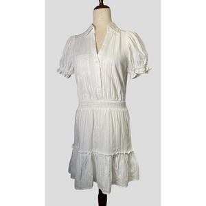 Lulus Dress Buttons Ruffles Sunny Day Picnic White‎ Puff Sleeve Collared Mini S